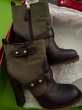 Tory Burch Olive Green and Brown Leather Canvas Heeled Boots